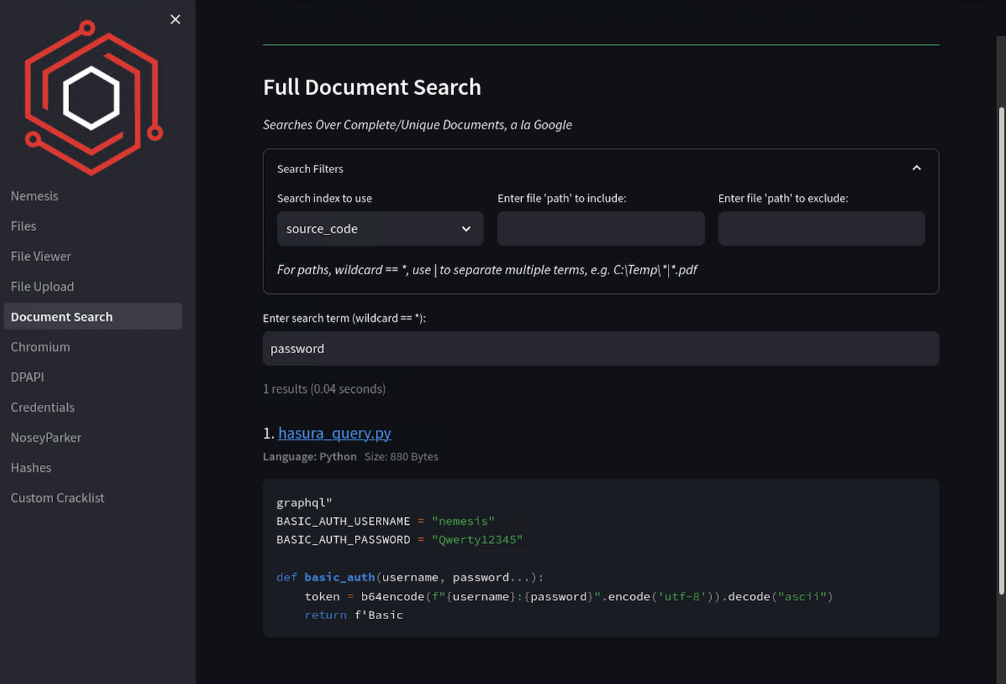 Nemesis Dashboard Source Code Search