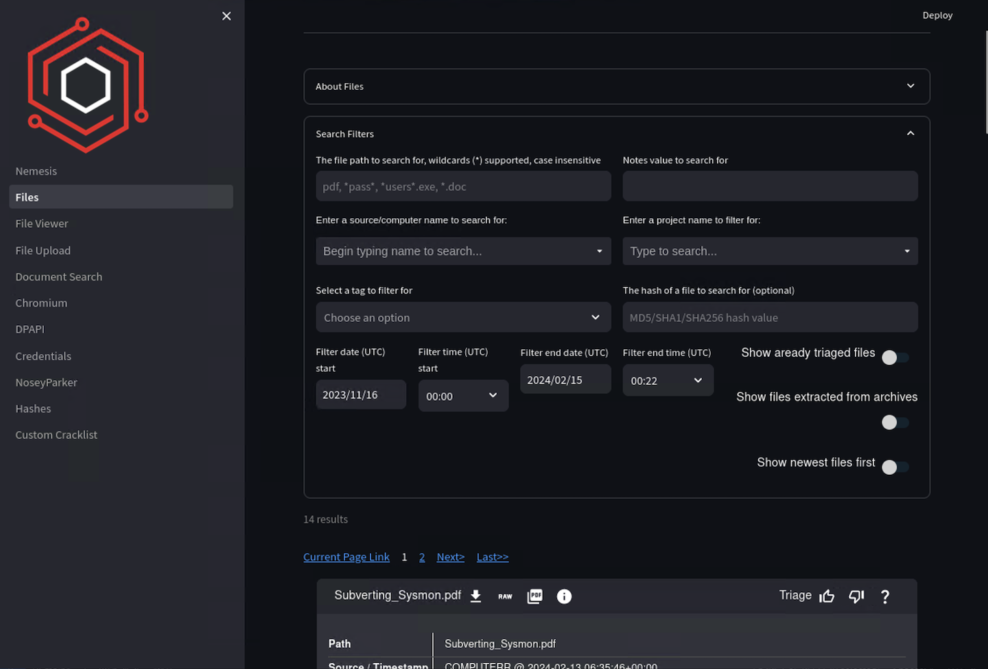 Nemesis Dashboard File Filtering View