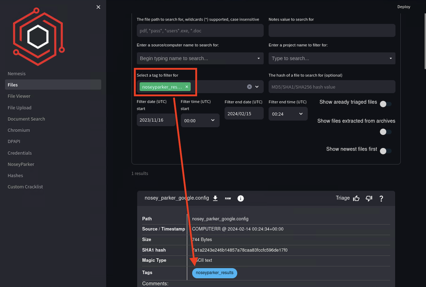 Nemesis Dashboard File Filtering View