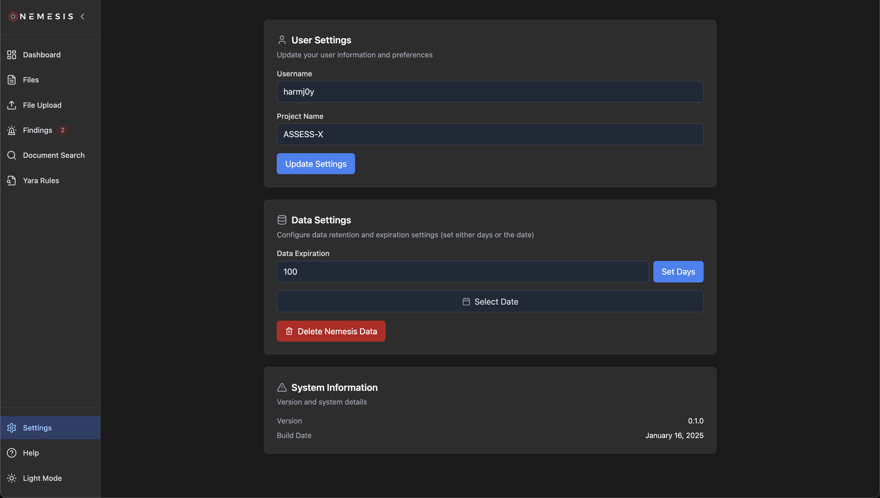 Nemesis Dashboard Settings